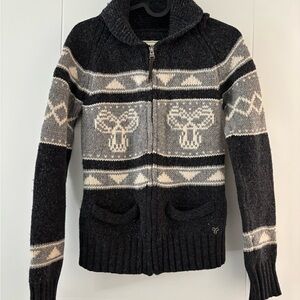 TNA Black, Grey and Cream Patterned Wool Zip-Up Sweater